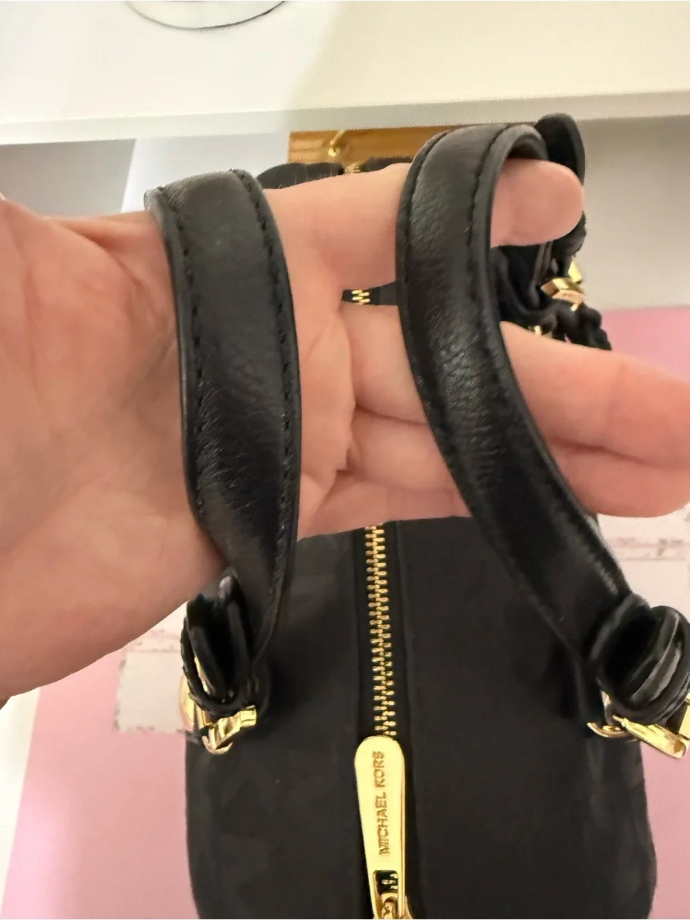 Michael Kors Logo-Print Handbag With Leather Handles And Leather Bag Charm.